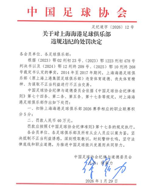 官方：北京国安2026赛季中超将被扣除5个积分